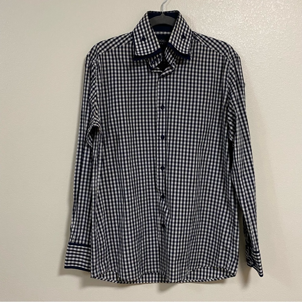 Coogi Collared Button Up Shirt Black blue plaid Size Medium